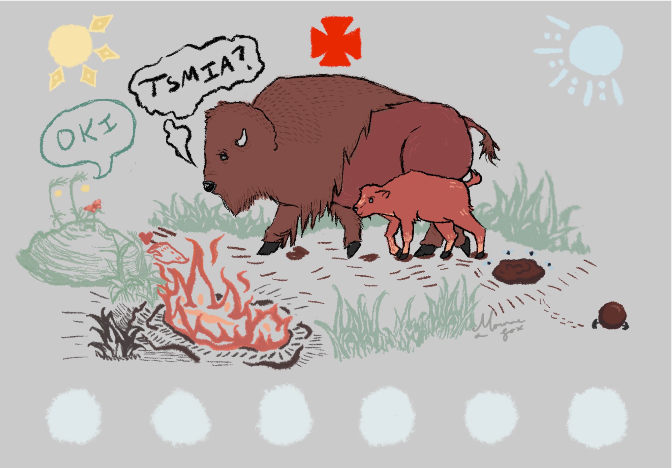 Drawing of a cow and calf buffalo in grass with a small fire