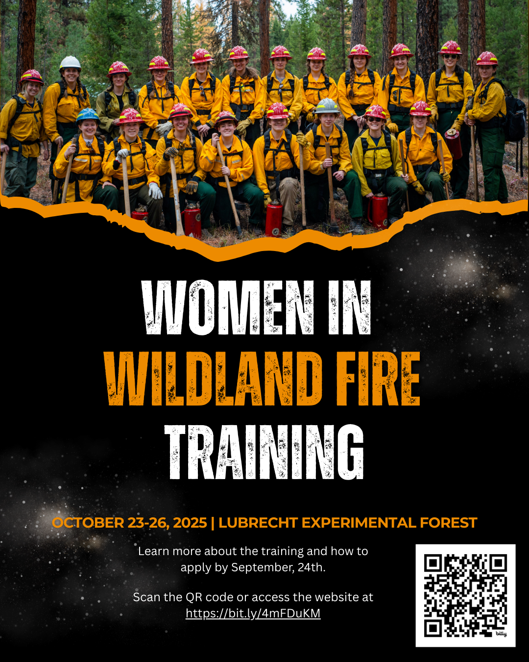 a poster advertising a course for women in wildland fire shows a group of women wearing flame resistant clothing standing in a forest